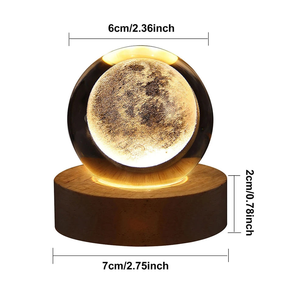 3D Crystal Galaxy Ball Night Lamp with Wooden Base (6cm) - Moon