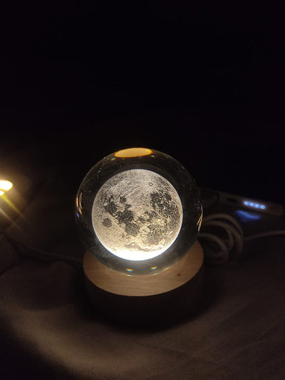 3D Crystal Galaxy Ball Night Lamp with Wooden Base (6cm) - Moon