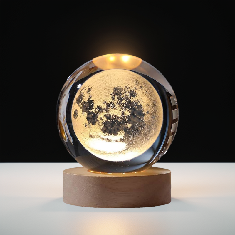 3D Crystal Galaxy Ball Night Lamp with Wooden Base (6cm) - Moon